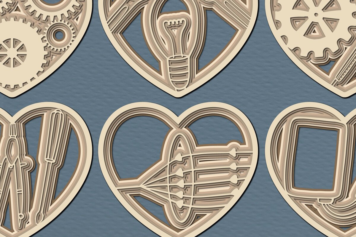 Σετ των 2 Intra απο ξύλο plywood 3mm-4mm πάχος 3D Heart with Engineering Element Δίασταση 15x15 cm INTRAFABR-35552144