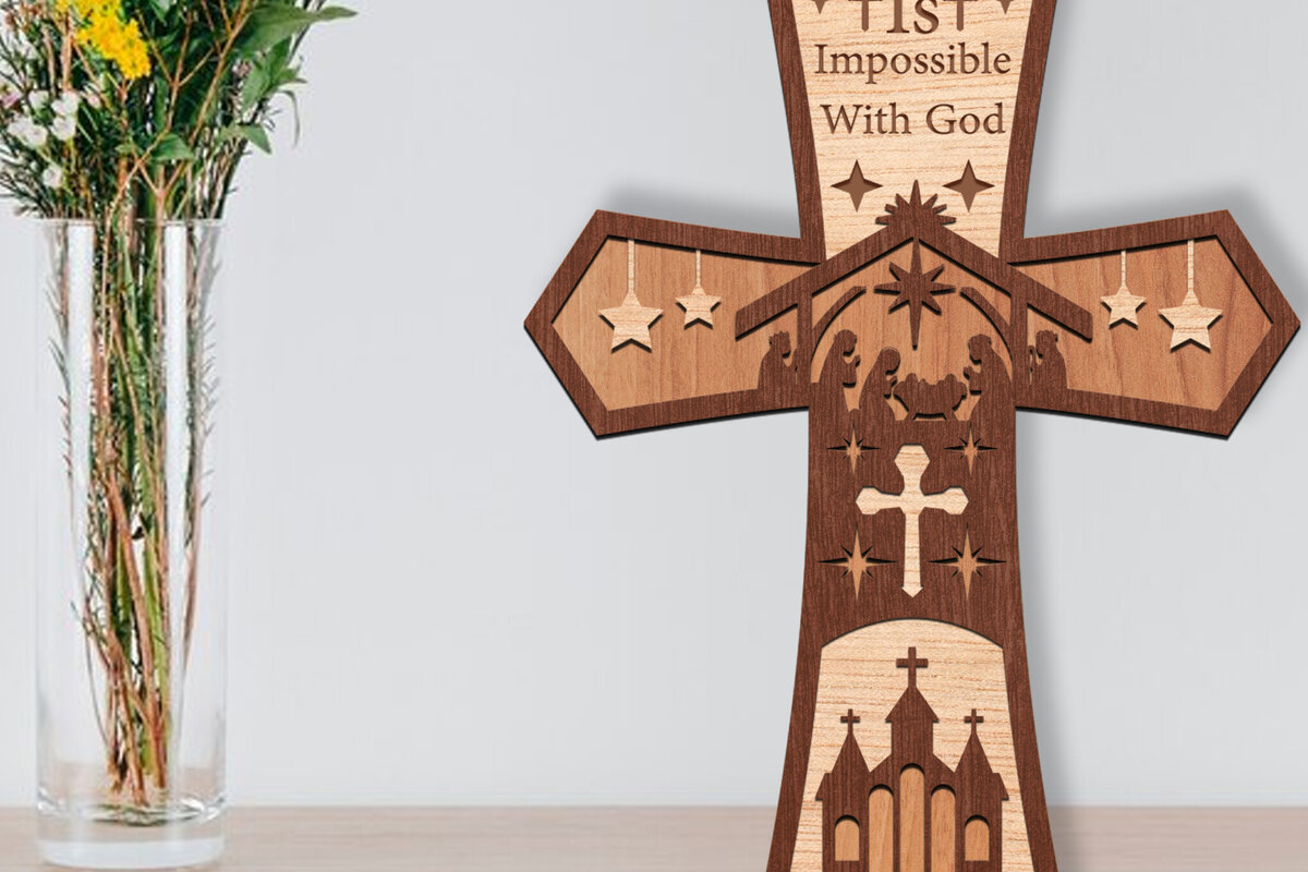 Intra απο ξύλο plywood 3mm-4mm πάχος Τρισδιάστατη πινακίδα σταυρού γέννησης με λέιζερ Δίασταση 30x20 cm INTRAFABR-111976086