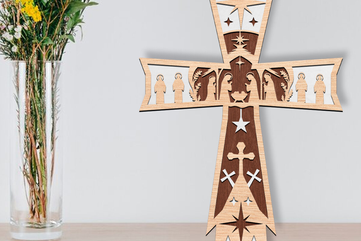 Intra απο ξύλο plywood 3mm-4mm πάχος Τρισδιάστατη πινακίδα σταυρού γέννησης με λέιζερ Δίασταση 30x20 cm INTRAFABR-111976090