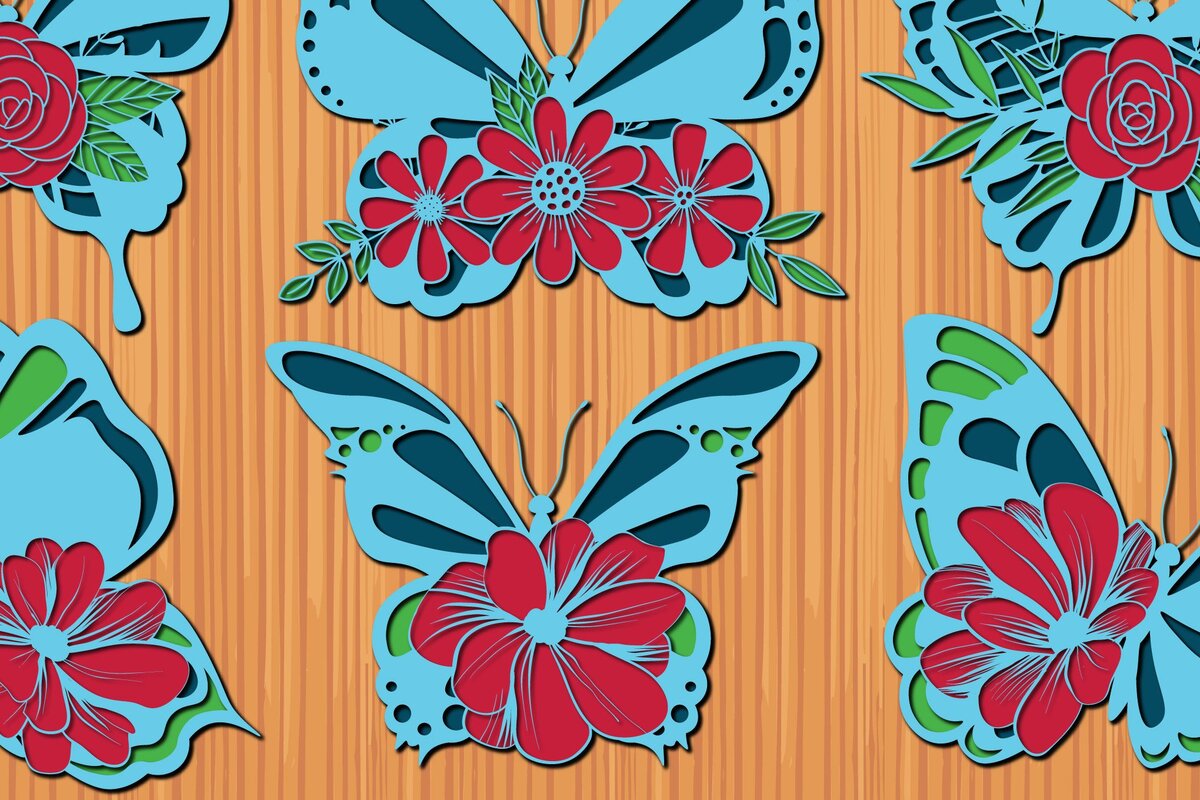 Σετ των 2 Intra απο ξύλο plywood 3mm-4mm πάχος 3D Layer Floral Butterfly Δίασταση 15x15 cm INTRAFABR-35486633