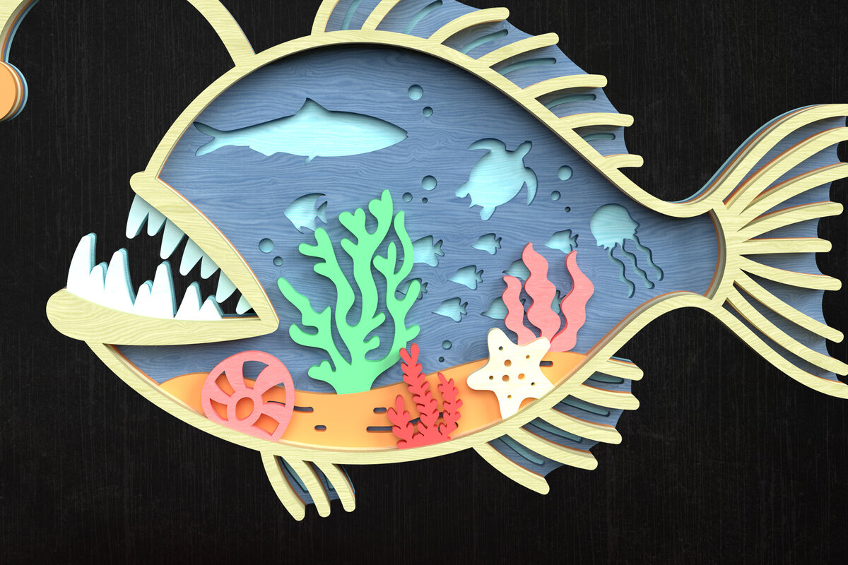 Σετ των 3 Intra απο ξύλο plywood 3mm-4mm πάχος Τρισδιάστατη σκηνή ωκεανού ψαριών ψαράδων Δίασταση 8x8 cm INTRAFABR-119952429