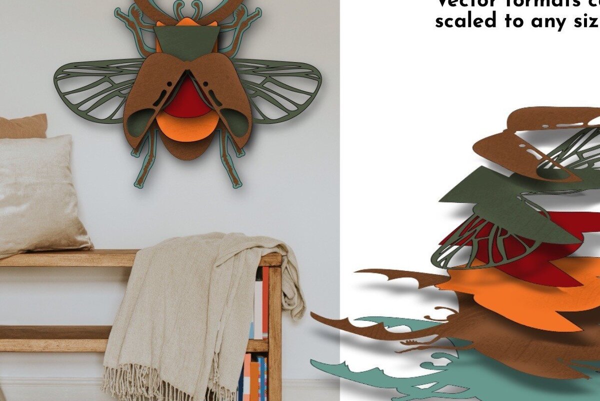 Σετ των 2 Intra απο ξύλο plywood 3mm-4mm πάχος 3D Layered Beetle , Έντομο Τέχνη Δίασταση 15x15 cm INTRAFABR-35708703