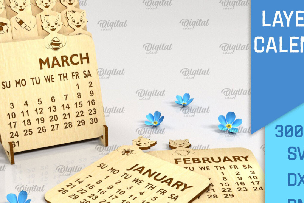 Intra απο ξύλο plywood 3mm-4mm πάχος 3D Layered Calendar Cut . Γάτα Δίασταση 30x20 cm INTRAFABR-88821946