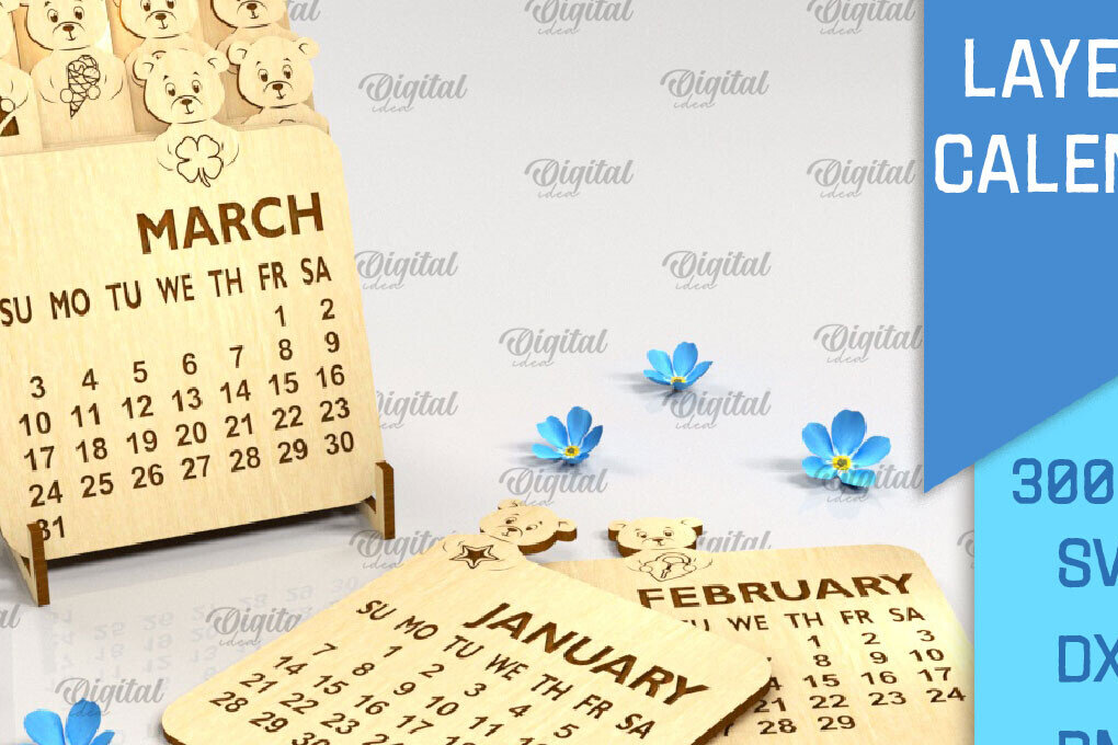 Σετ των 2 Intra απο ξύλο plywood 3mm-4mm πάχος 3D Layered Calendar . Κουνελάκι Δίασταση 15x15 cm INTRAFABR-88822021