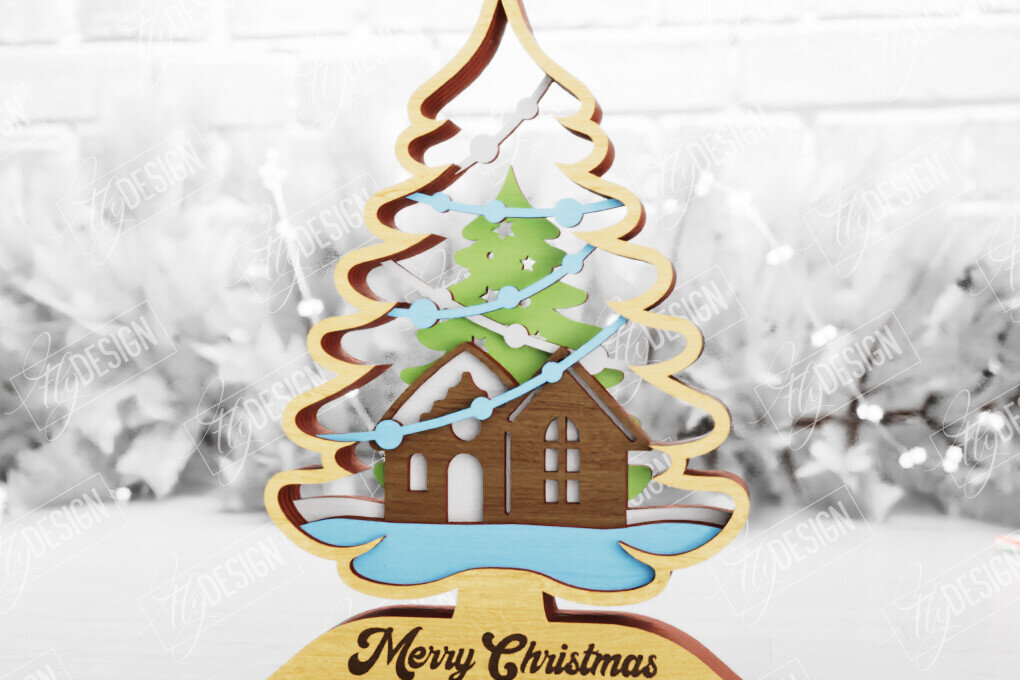 Σετ των 2 Intra απο ξύλο plywood 3mm-4mm πάχος Χριστουγεννιάτικο δέντρο με 3D στρώματα | Διακοπές |CNC Δίασταση 15x15 cm INTRAFABR-105596611