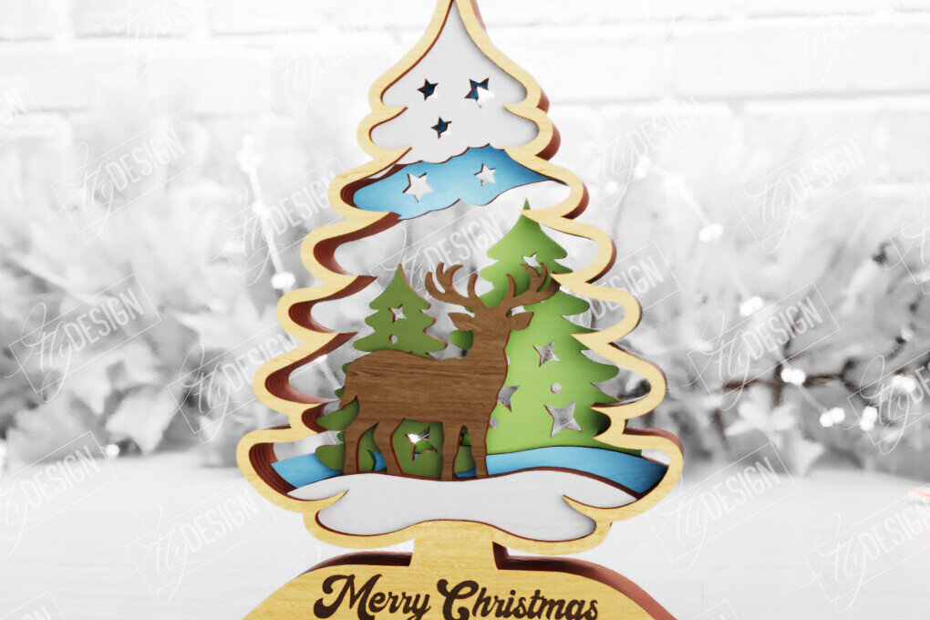 Σετ των 2 Intra απο ξύλο plywood 3mm-4mm πάχος Χριστουγεννιάτικο δέντρο με 3D στρώματα | Διακοπές |CNC Δίασταση 15x15 cm INTRAFABR-105596591
