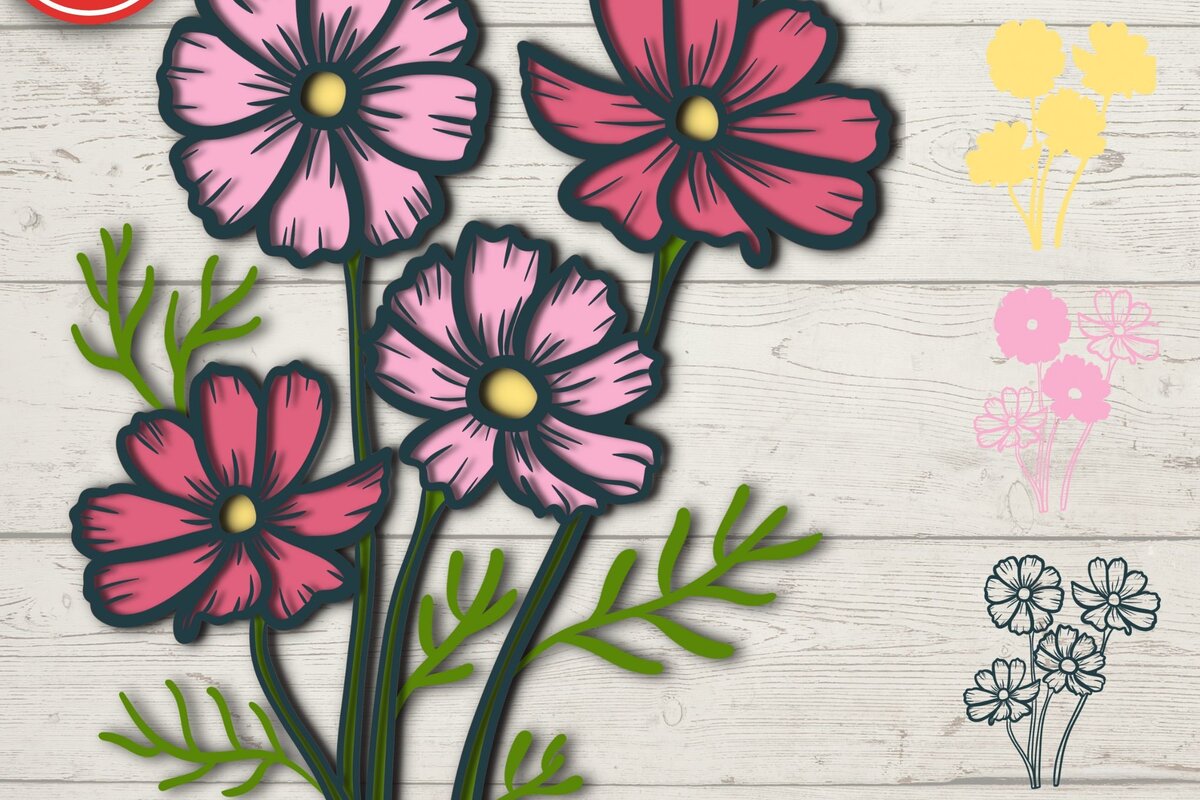 Intra απο ξύλο plywood 3mm-4mm πάχος Τρισδιάστατα λουλούδια Cosmos με στρώματα Δίασταση 30x20 cm INTRAFABR-67844269