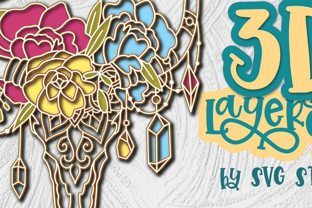 Σετ των 3 Intra απο ξύλο plywood 3mm-4mm πάχος 3D Layered Cow Skull Design Boho Δίασταση 15x15 cm INTRAFABR-35579309