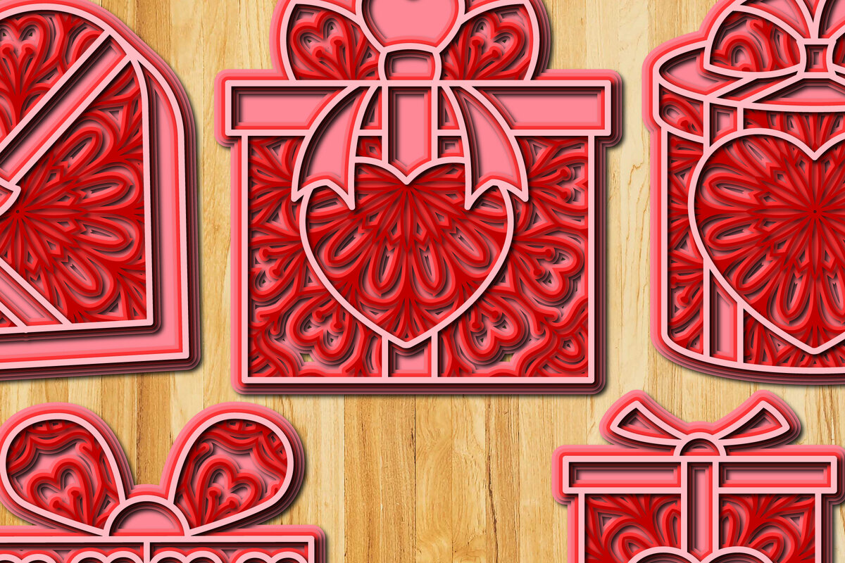 Σετ των 2 Intra απο ξύλο plywood 3mm-4mm πάχος Κουτί δώρου με 3D επίπεδα με δέσμη καρδιάς Δίασταση 15x15 cm INTRAFABR-24507054