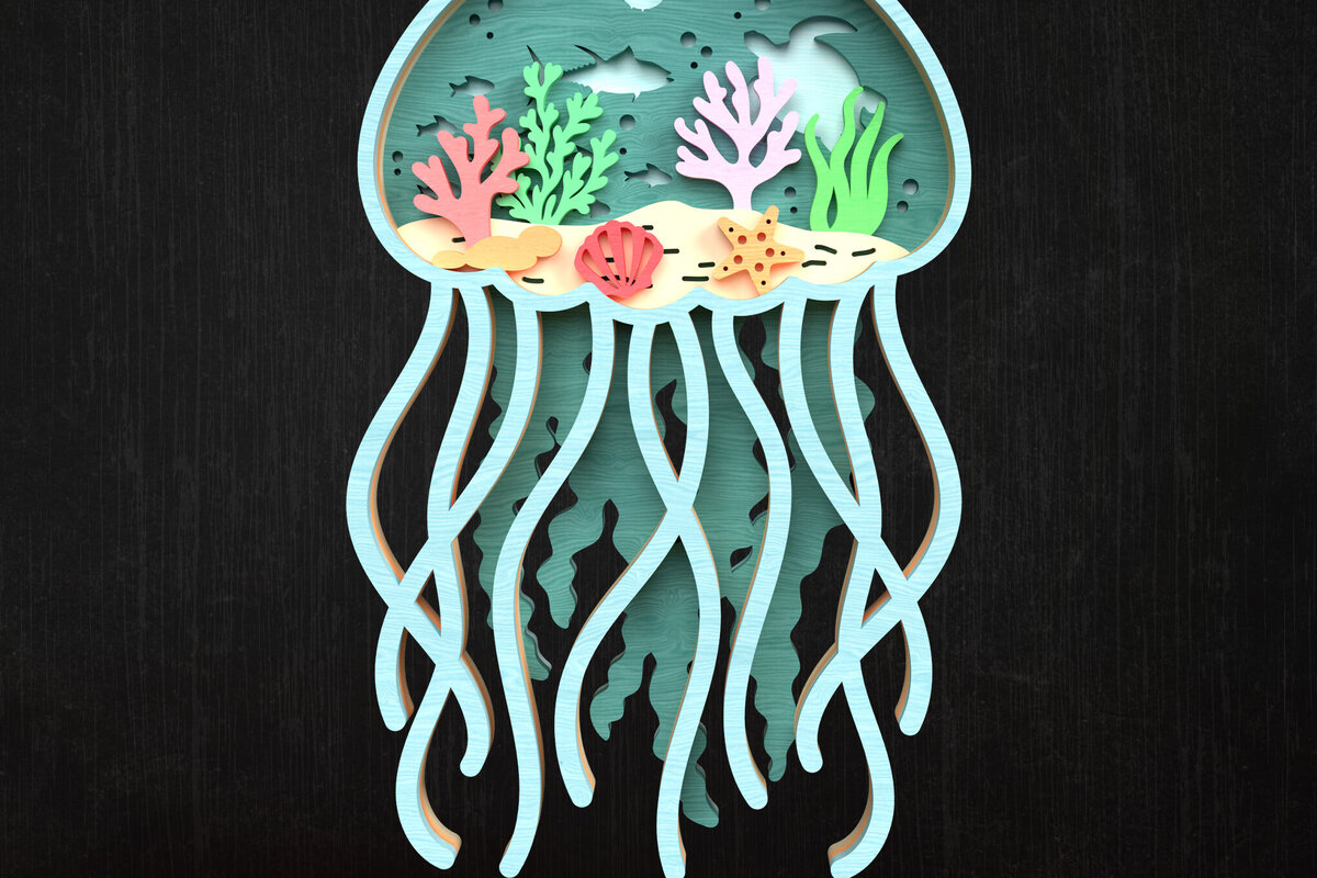 Σετ των 3 Intra απο ξύλο plywood 3mm-4mm πάχος Τρισδιάστατη σκηνή ωκεανού με μέδουσες Δίασταση 8x8 cm INTRAFABR-119952356