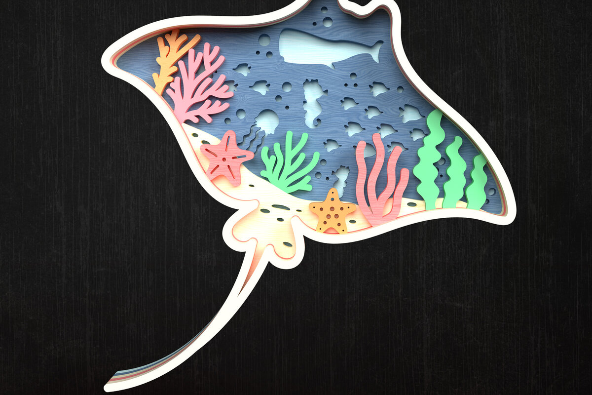 Σετ των 3 Intra απο ξύλο plywood 3mm-4mm πάχος Τρισδιάστατη σκηνή ωκεανού Manta Ray Δίασταση 8x8 cm INTRAFABR-119952385