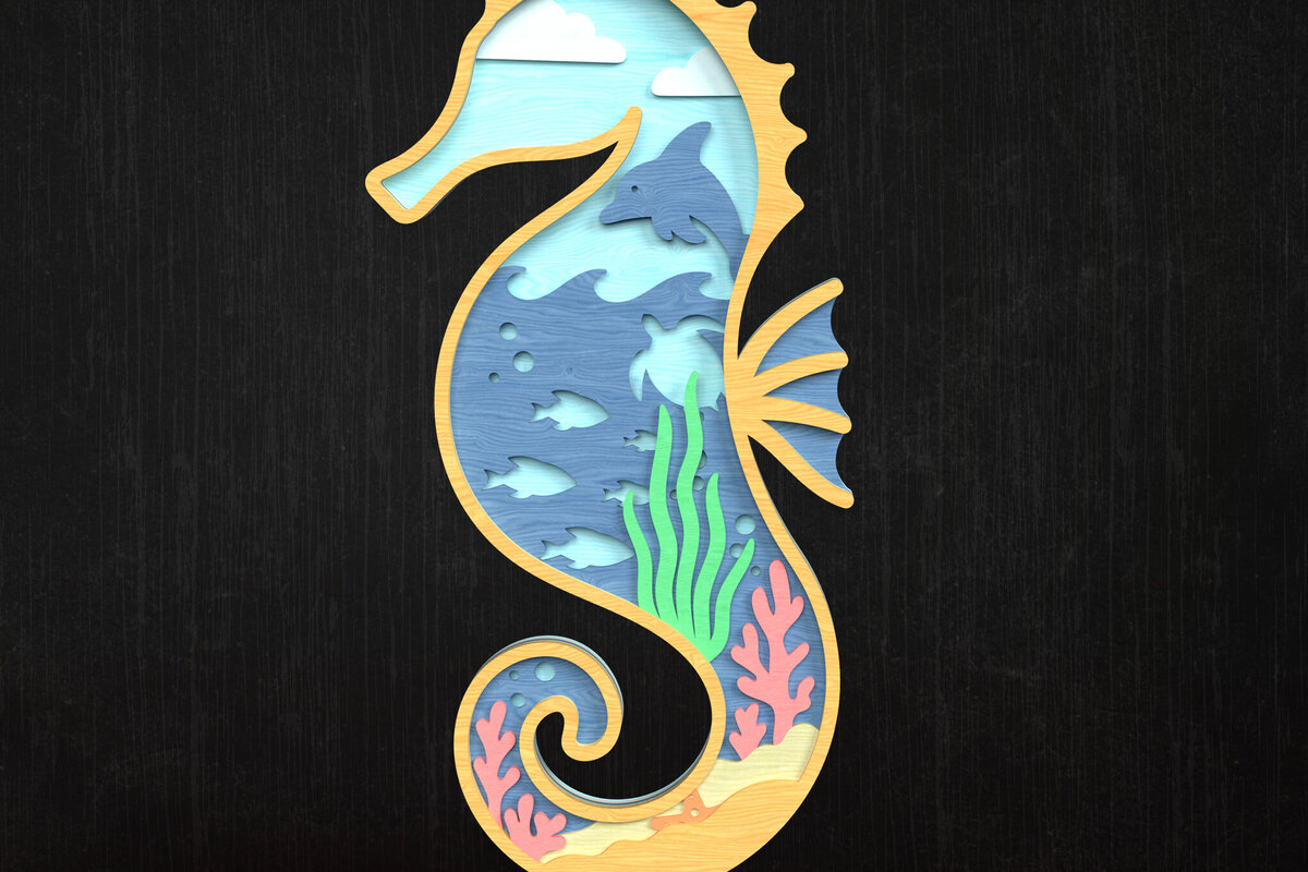 Σετ των 3 Intra απο ξύλο plywood 3mm-4mm πάχος Τρισδιάστατη σκηνή ωκεανού με στρώσεις ιππόκαμπος Δίασταση 8x8 cm INTRAFABR-119952461