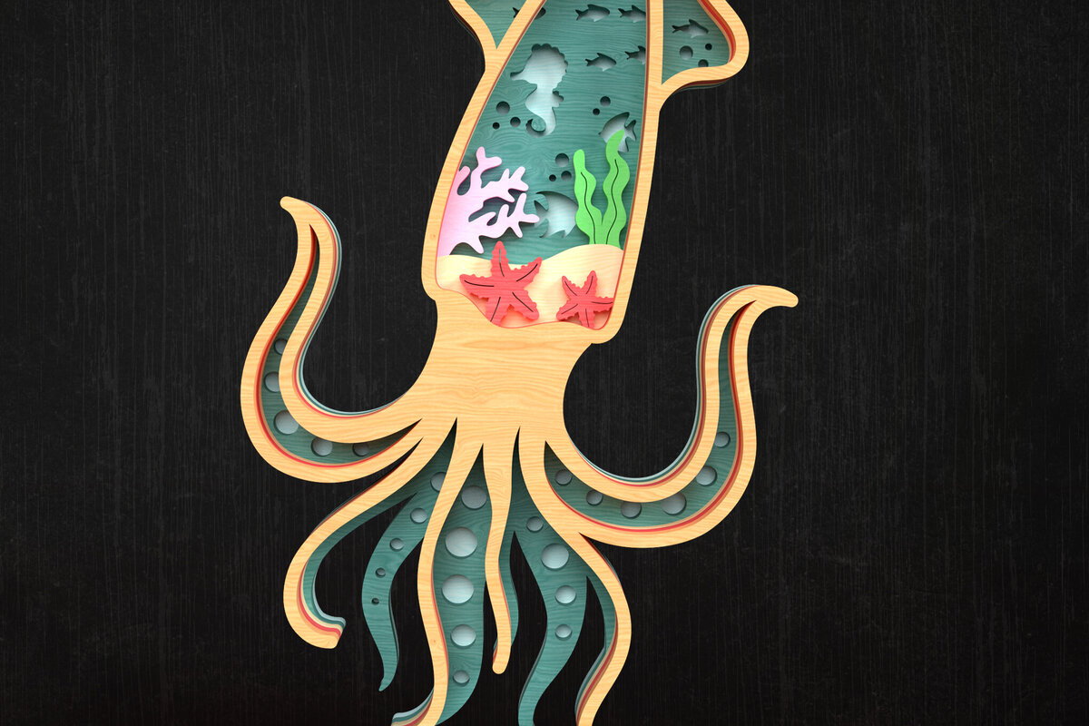 Σετ των 3 Intra απο ξύλο plywood 3mm-4mm πάχος Σκηνή ωκεανού τρισδιάστατου καλαμαριού Δίασταση 8x8 cm INTRAFABR-119952321