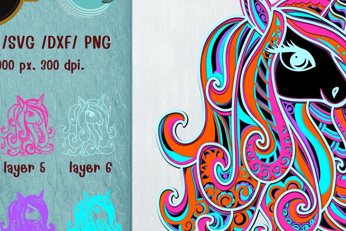 Σετ των 3 Intra απο ξύλο plywood 3mm-4mm πάχος Τρισδιάστατος μονόκερος με στρώματα Δίασταση 10x10 cm INTRAFABR-71317946