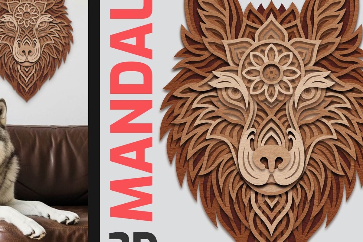 Intra απο ξύλο plywood 3mm-4mm πάχος 3D Layered Wolf Mandala | Τέχνη τοίχου Δίασταση 30x30 cm INTRAFABR-123423192