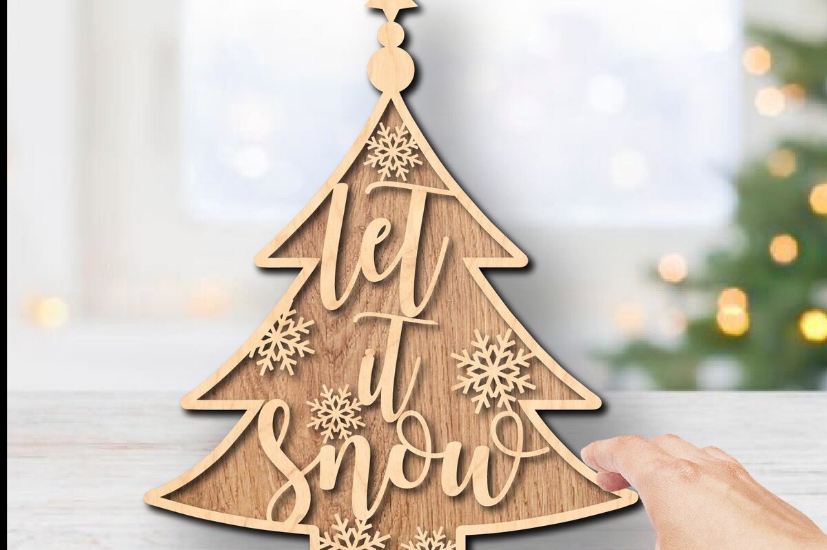 Σετ των 2 Intra απο ξύλο plywood 3mm-4mm πάχος 3D Let It Snow Standing Χριστουγεννιάτικο Δέντρο Δίασταση 15x15 cm INTRAFABR-36518564