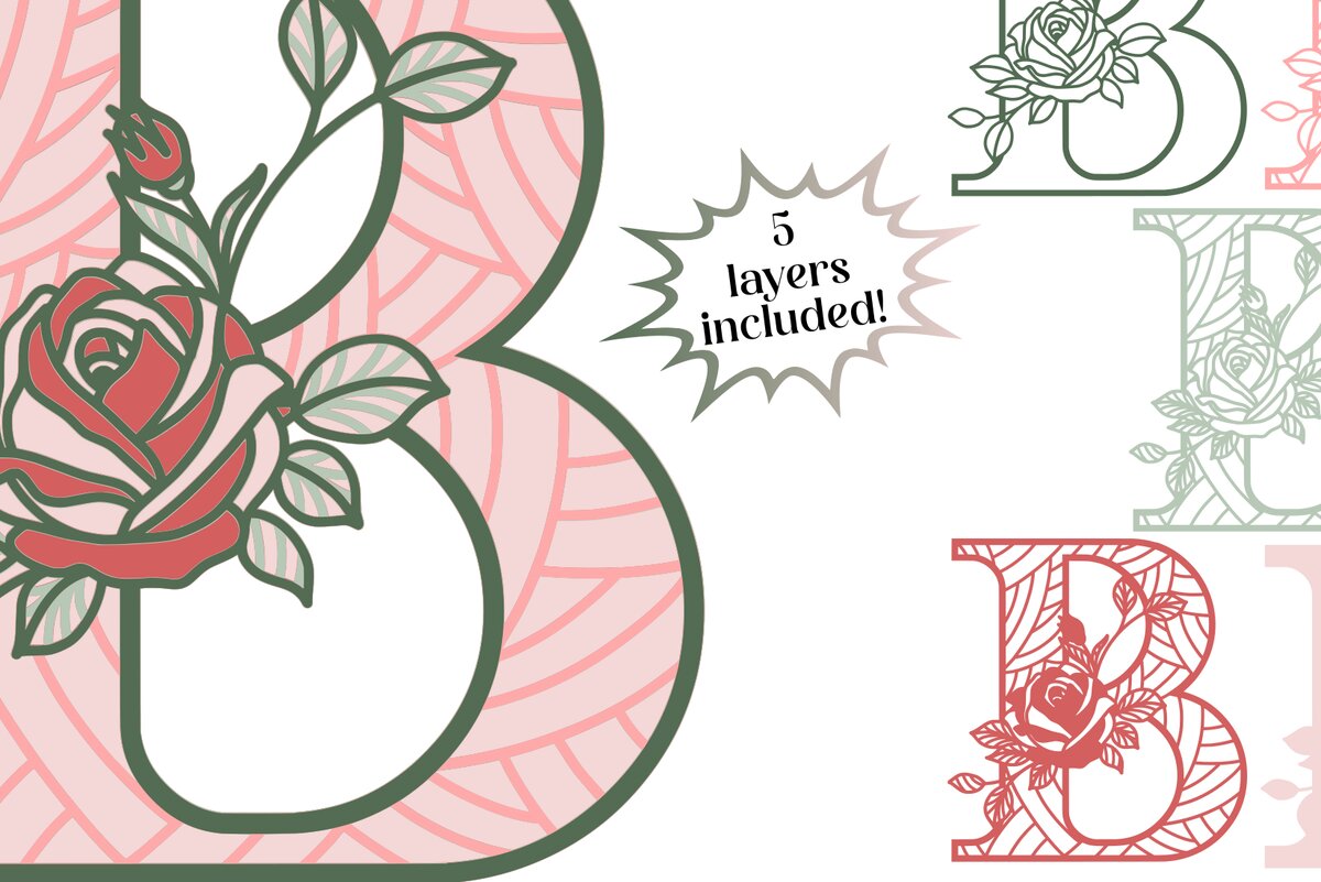 Σετ των 2 Intra απο ξύλο plywood 3mm-4mm πάχος Τρισδιάστατο Γράμμα Β - Τριαντάφυλλο Μονόγραμμα Δίασταση 30x30 cm INTRAFABR-89570233