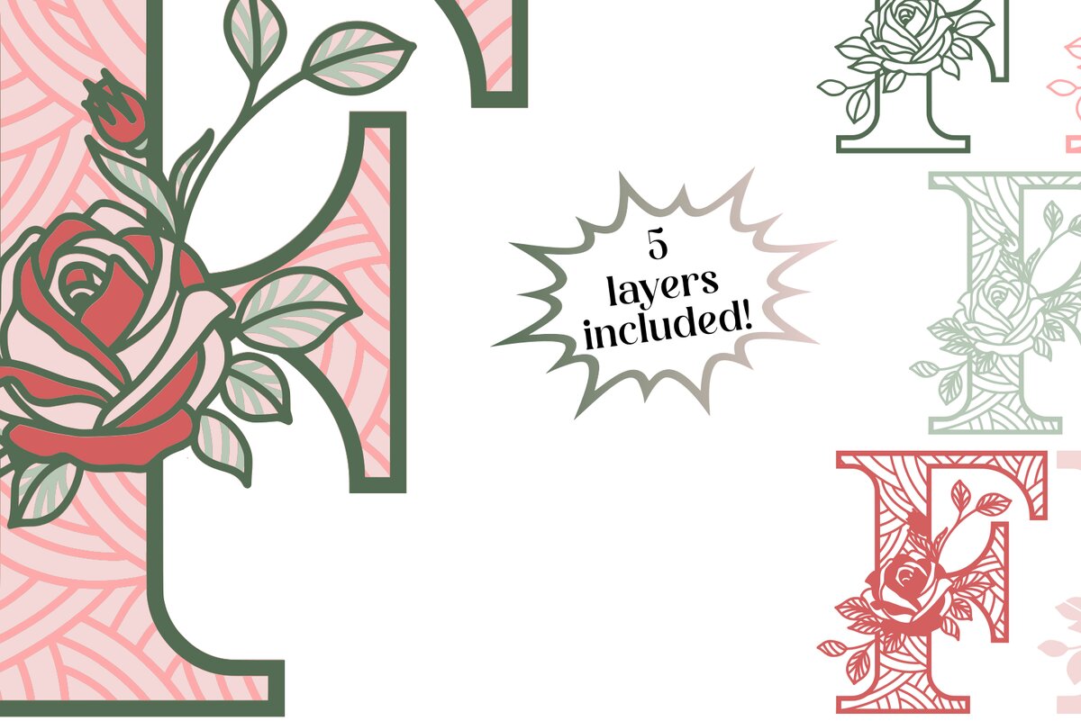 Intra απο ξύλο plywood 3mm-4mm πάχος 3D Letter F - Τριαντάφυλλο Μονόγραμμα Δίασταση 30x30 cm INTRAFABR-89570023