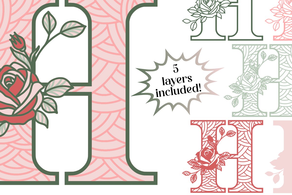 Intra απο ξύλο plywood 3mm-4mm πάχος Τρισδιάστατο γράμμα H - Τριαντάφυλλο μονόγραμμα Δίασταση 30x30 cm INTRAFABR-89569810