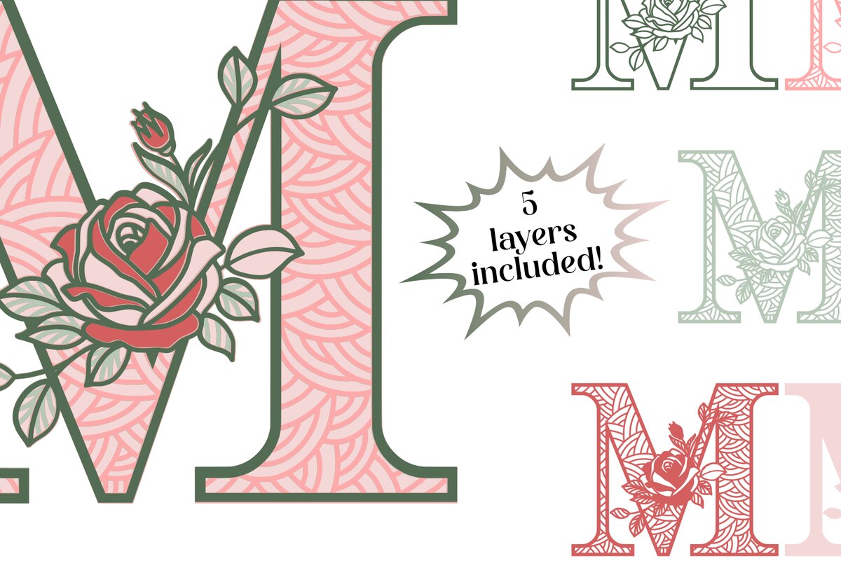 Intra απο ξύλο plywood 3mm-4mm πάχος 3D Letter M - Τριαντάφυλλο Μονόγραμμα Δίασταση 30x30 cm INTRAFABR-89560161