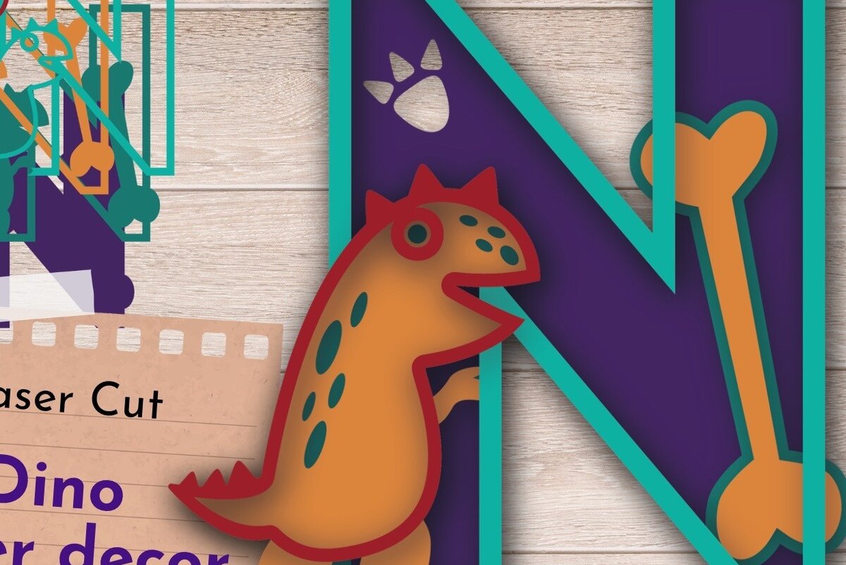 Σετ των 2 Intra απο ξύλο plywood 3mm-4mm πάχος 3D LETTER N , Dino First Party Δίασταση 15x15 cm INTRAFABR-61050239