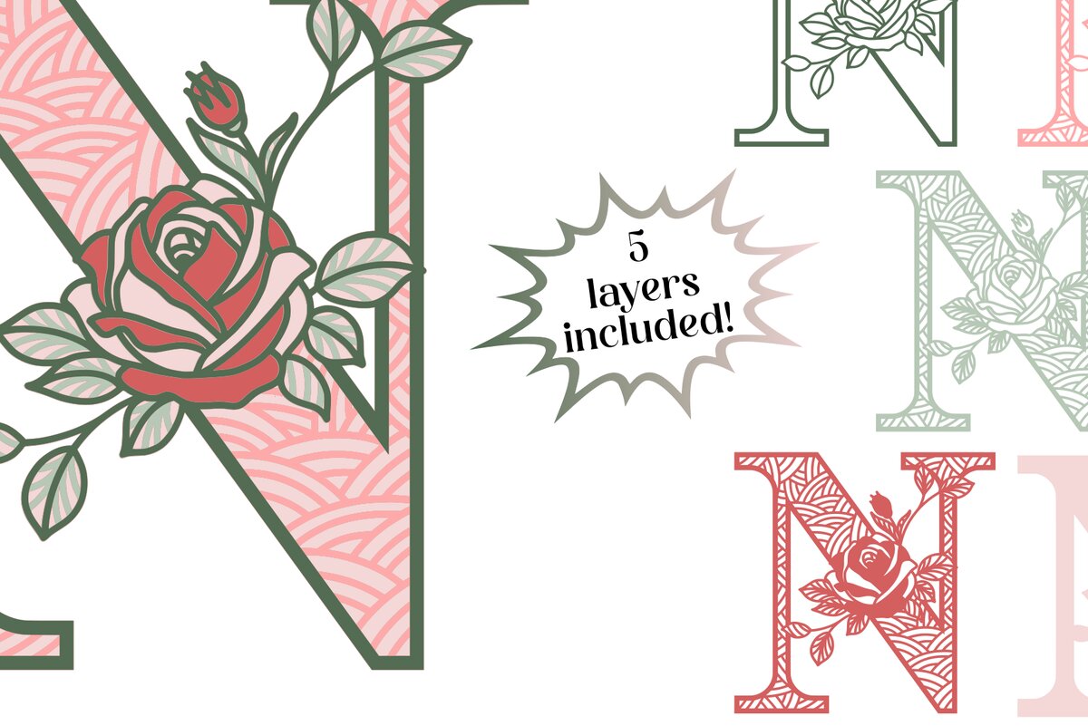 Intra απο ξύλο plywood 3mm-4mm πάχος 3D Letter N - Τριαντάφυλλο Μονόγραμμα Δίασταση 30x30 cm INTRAFABR-89560100