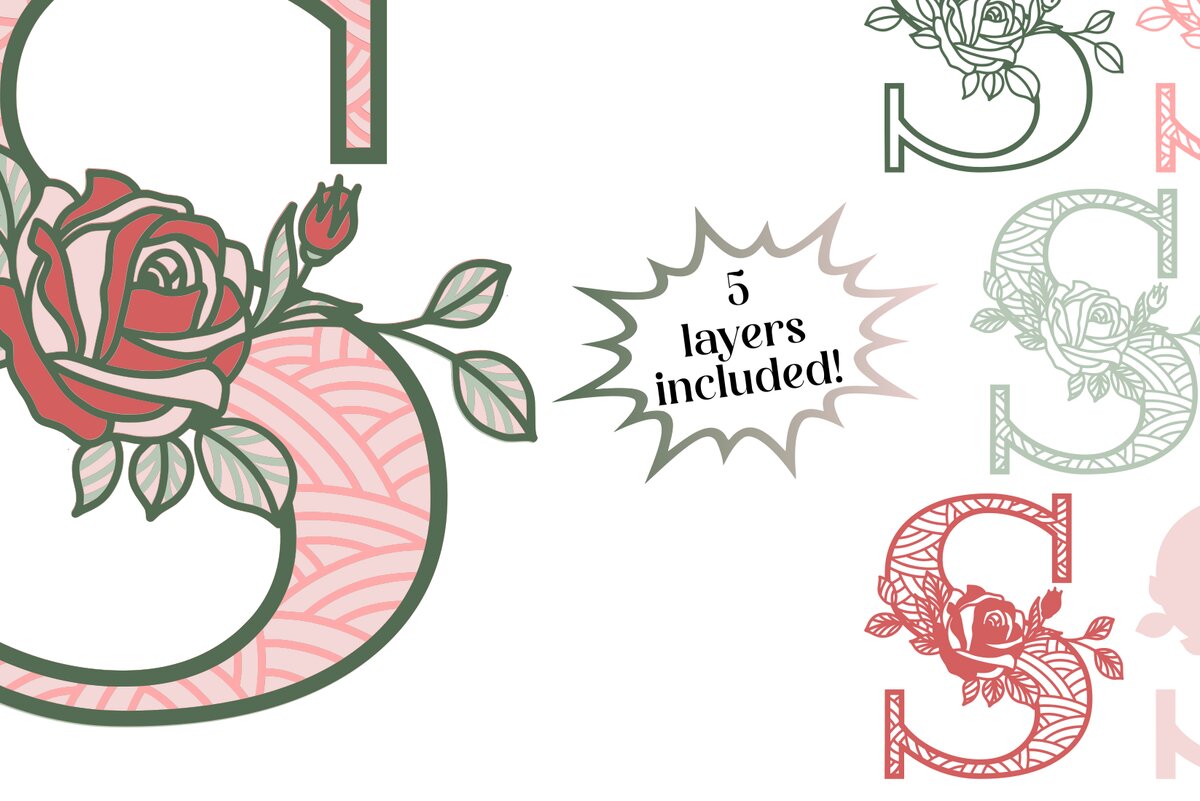 Intra απο ξύλο plywood 3mm-4mm πάχος 3D Letter S - Τριαντάφυλλο Μονόγραμμα Δίασταση 30x30 cm INTRAFABR-89559785