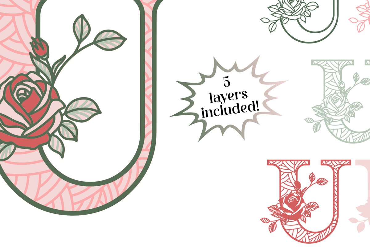 Intra απο ξύλο plywood 3mm-4mm πάχος 3D Letter U - Τριαντάφυλλο Μονόγραμμα Δίασταση 30x30 cm INTRAFABR-89559649