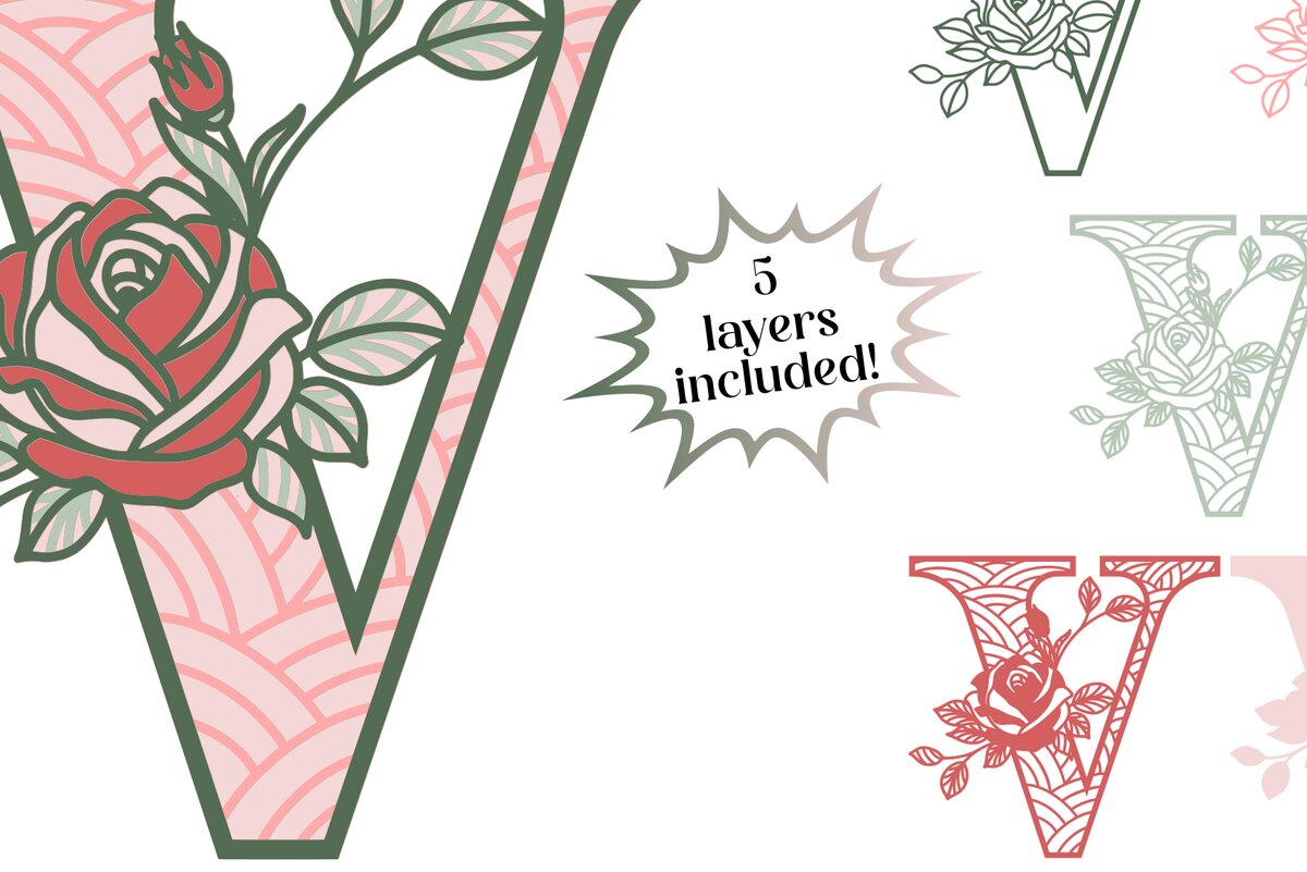 Intra απο ξύλο plywood 3mm-4mm πάχος 3D Letter V - Τριαντάφυλλο Μονόγραμμα Δίασταση 30x30 cm INTRAFABR-89559598