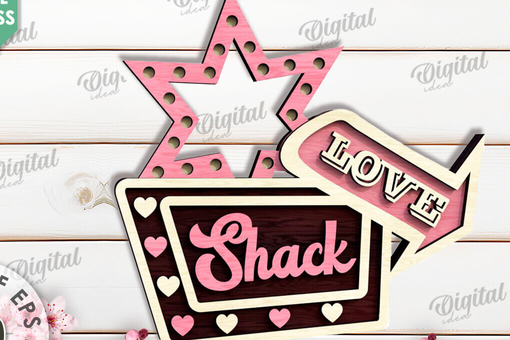 Σετ των 3 Intra απο ξύλο plywood 3mm-4mm πάχος 3D Love Shack Door Sign Cut  Δίασταση 15x15 cm INTRAFABR-115231871