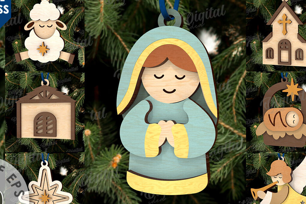 Σετ των 3 Intra απο ξύλο plywood 3mm-4mm πάχος Δέσμη κοπής με λέιζερ τρισδιάστατα στολίδια της Γέννησης Δίασταση 8x8 cm INTRAFABR-110764599