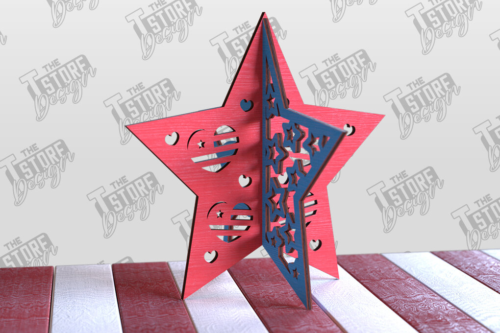Σετ των 2 Intra απο ξύλο plywood 3mm-4mm πάχος 3D Patriotic Stars | Διακοσμητικά αστέρια Δίασταση 15x15 cm INTRAFABR-97756746
