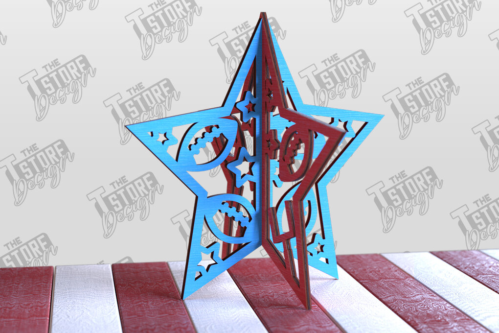 Σετ των 2 Intra απο ξύλο plywood 3mm-4mm πάχος 3D Patriotic Stars | Διακοσμητικά αστέρια Δίασταση 15x15 cm INTRAFABR-97756697