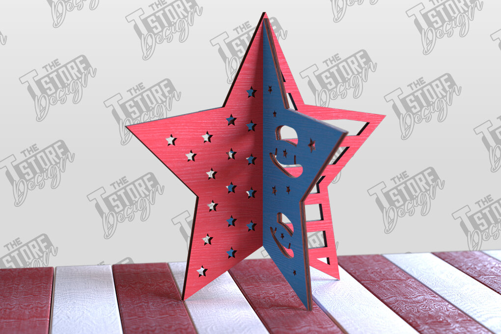 Σετ των 2 Intra απο ξύλο plywood 3mm-4mm πάχος 3D Patriotic Stars | Διακοσμητικά αστέρια Δίασταση 15x15 cm INTRAFABR-97756727