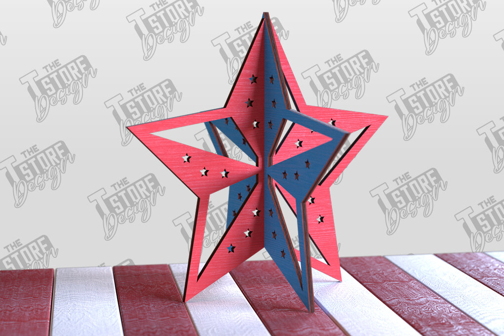 Σετ των 2 Intra απο ξύλο plywood 3mm-4mm πάχος 3D Patriotic Stars | Διακοσμητικά αστέρια Δίασταση 15x15 cm INTRAFABR-97756732
