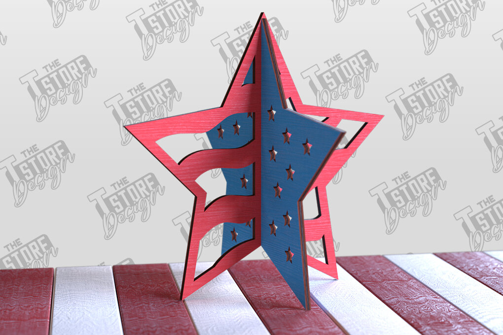 Σετ των 2 Intra απο ξύλο plywood 3mm-4mm πάχος 3D Patriotic Stars | Διακοσμητικά αστέρια Δίασταση 15x15 cm INTRAFABR-97756688