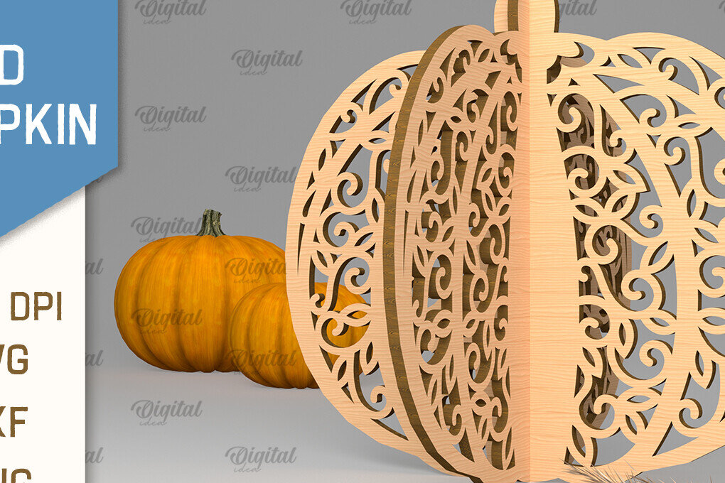 Σετ των 2 Intra απο ξύλο plywood 3mm-4mm πάχος Τρισδιάστατη κοπή κολοκύθας με λέιζερ. Φθινοπωρινή κολοκύθα Δίασταση 15x15 cm INTRAFABR-102057373