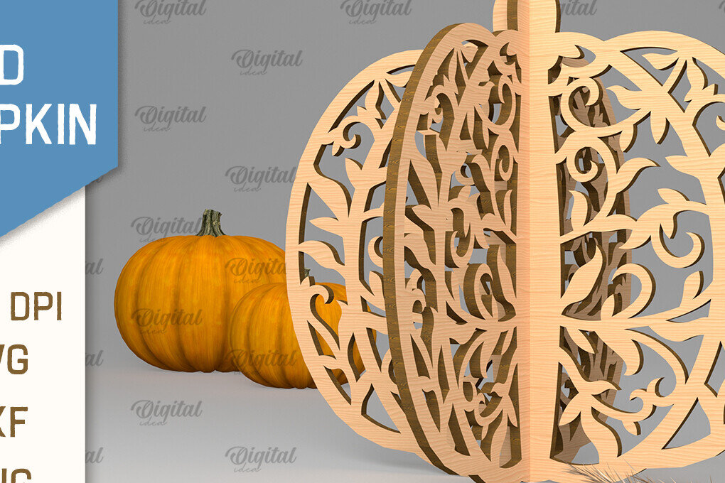 Σετ των 2 Intra απο ξύλο plywood 3mm-4mm πάχος Τρισδιάστατη κοπή κολοκύθας με λέιζερ. Φθινοπωρινή κολοκύθα Δίασταση 15x15 cm INTRAFABR-102057503