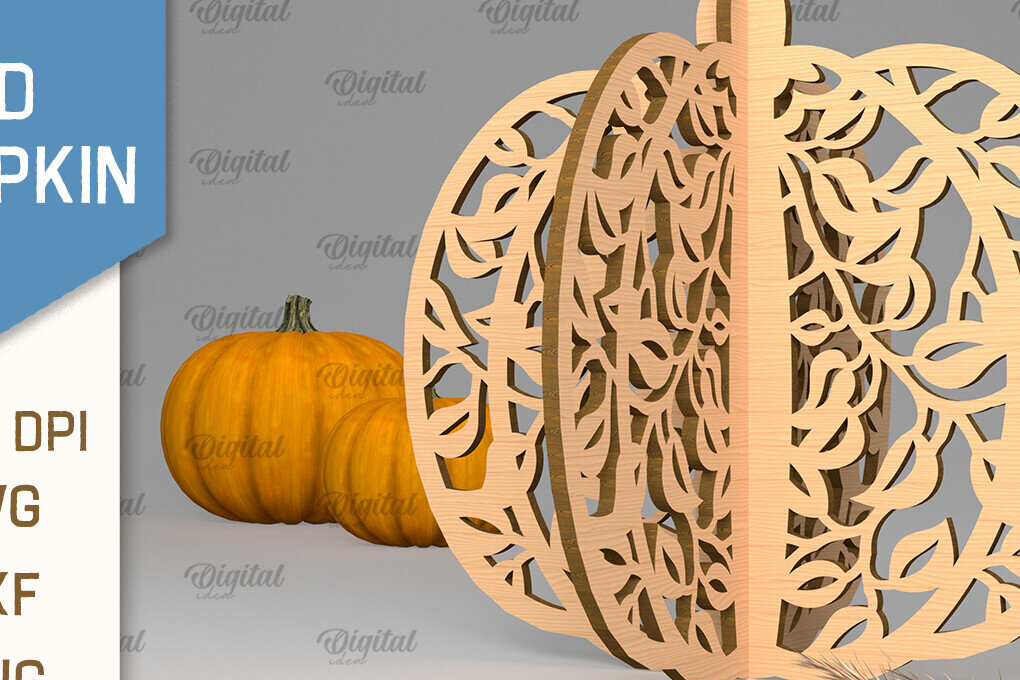 Σετ των 2 Intra απο ξύλο plywood 3mm-4mm πάχος Τρισδιάστατη κοπή κολοκύθας με λέιζερ. Φθινοπωρινή κολοκύθα Δίασταση 15x15 cm INTRAFABR-102057561