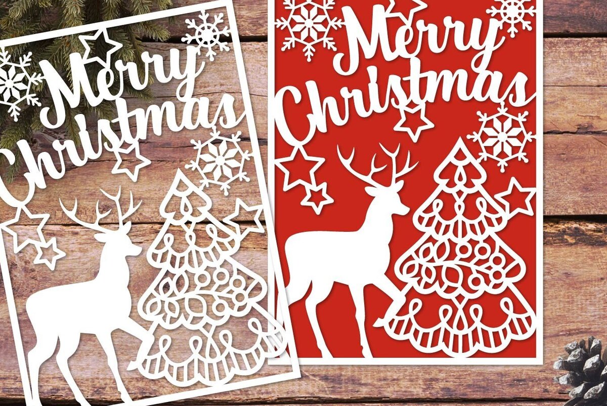 Σετ των 2 Intra απο ξύλο plywood 3mm-4mm πάχος τρισδιάστατη κάρτα Χαρούμενα Χριστούγεννας ταράνδων Δίασταση 15x15 cm INTRAFABR-45142538