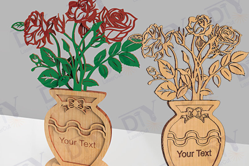 Intra απο ξύλο plywood 3mm-4mm πάχος Τρισδιάστατο βάζο με λέιζερ τριαντάφυλλο Δίασταση 30x20 cm INTRAFABR-117583864