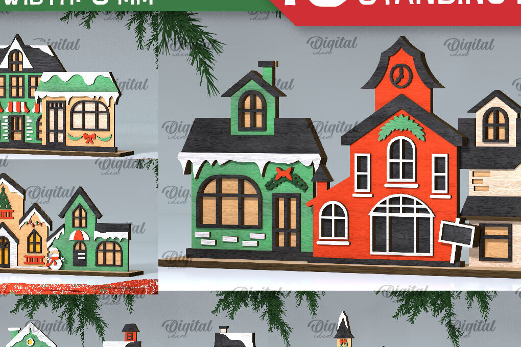 Σετ των 2 Intra απο ξύλο plywood 3mm-4mm πάχος κοπής με λέιζερ 3D Santa's Village Δίασταση 15x15 cm INTRAFABR-106193483