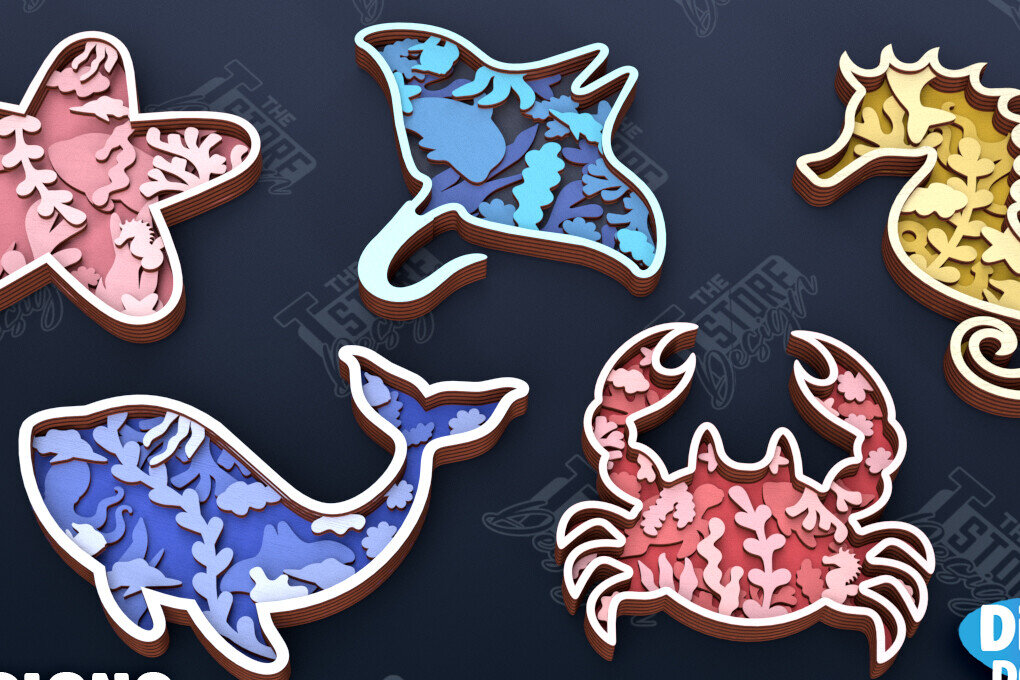 Σετ των 2 Intra απο ξύλο plywood 3mm-4mm πάχος Δέσμη κοπής με λέιζερ με 3D Sea Layered Animals Δίασταση 15x15 cm INTRAFABR-101770307