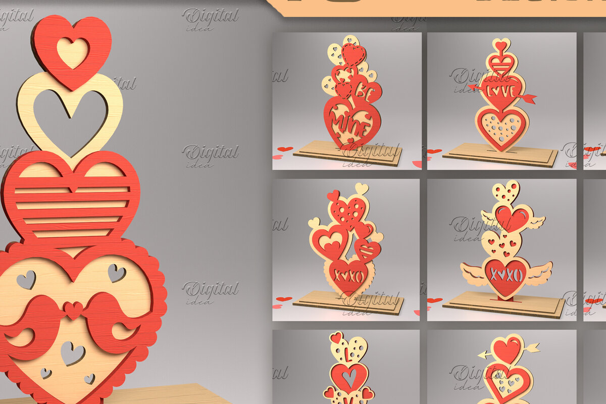 Σετ των 2 Intra απο ξύλο plywood 3mm-4mm πάχος 3D Stacked Hearts. Τρισδιάστατη Δίασταση 15x15 cm INTRAFABR-83739503