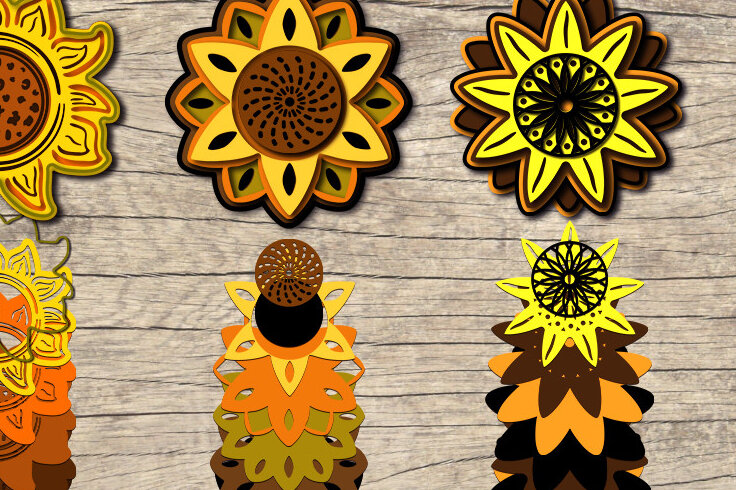 Σετ των 3 Intra απο ξύλο plywood 3mm-4mm πάχος 3D Sunflower Flowers.Cricut Δίασταση 15x15 cm INTRAFABR-24645020