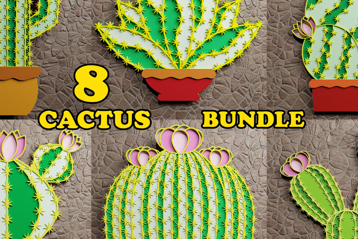 Σετ των 2 Intra απο ξύλο plywood 3mm-4mm πάχος 3D Cactus Multilayered Papercut Bun. Δίασταση 1200x1200 cm INTRAFABR-72859503