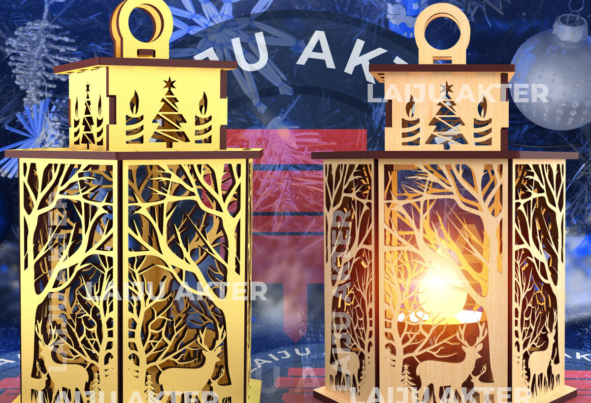 Σετ των 2 Intra απο ξύλο plywood 3mm-4mm πάχος Τρισδιάστατο Χριστουγεννιάτικο Φανάρι με λέιζερ 01 Δίασταση 15x15 cm INTRAFABR-84703103