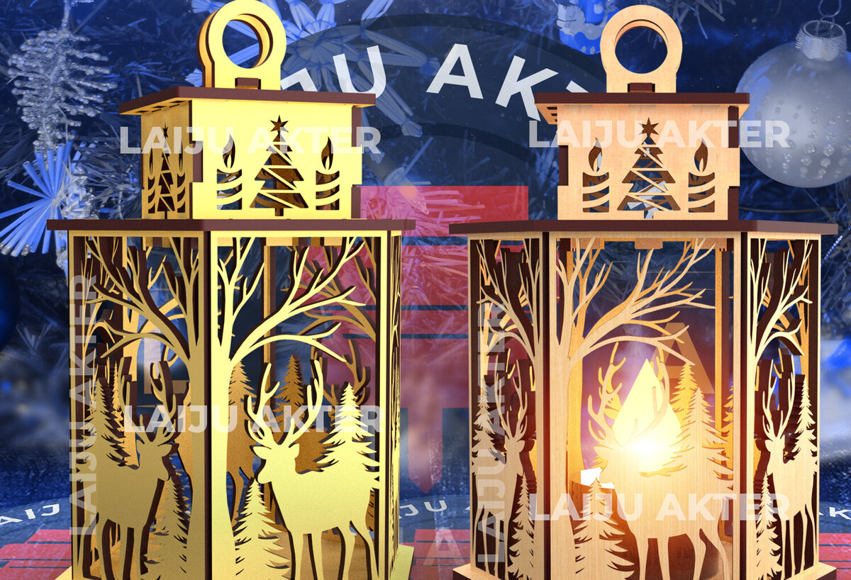 Σετ των 2 Intra απο ξύλο plywood 3mm-4mm πάχος Τρισδιάστατο Χριστουγεννιάτικο Φανάρι με λέιζερ 02 Δίασταση 15x15 cm INTRAFABR-84703108