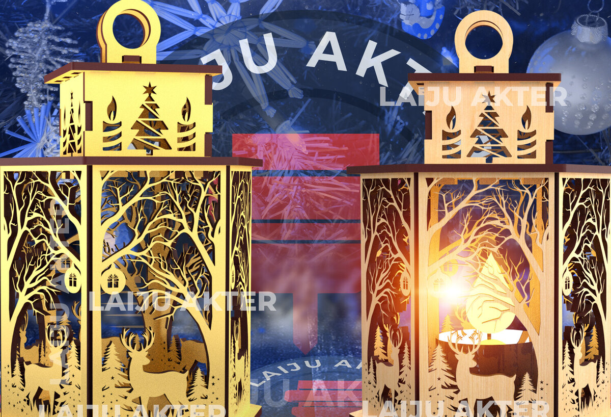 Σετ των 2 Intra απο ξύλο plywood 3mm-4mm πάχος Τρισδιάστατο Χριστουγεννιάτικο Φανάρι με λέιζερ 03 Δίασταση 15x15 cm INTRAFABR-84703140