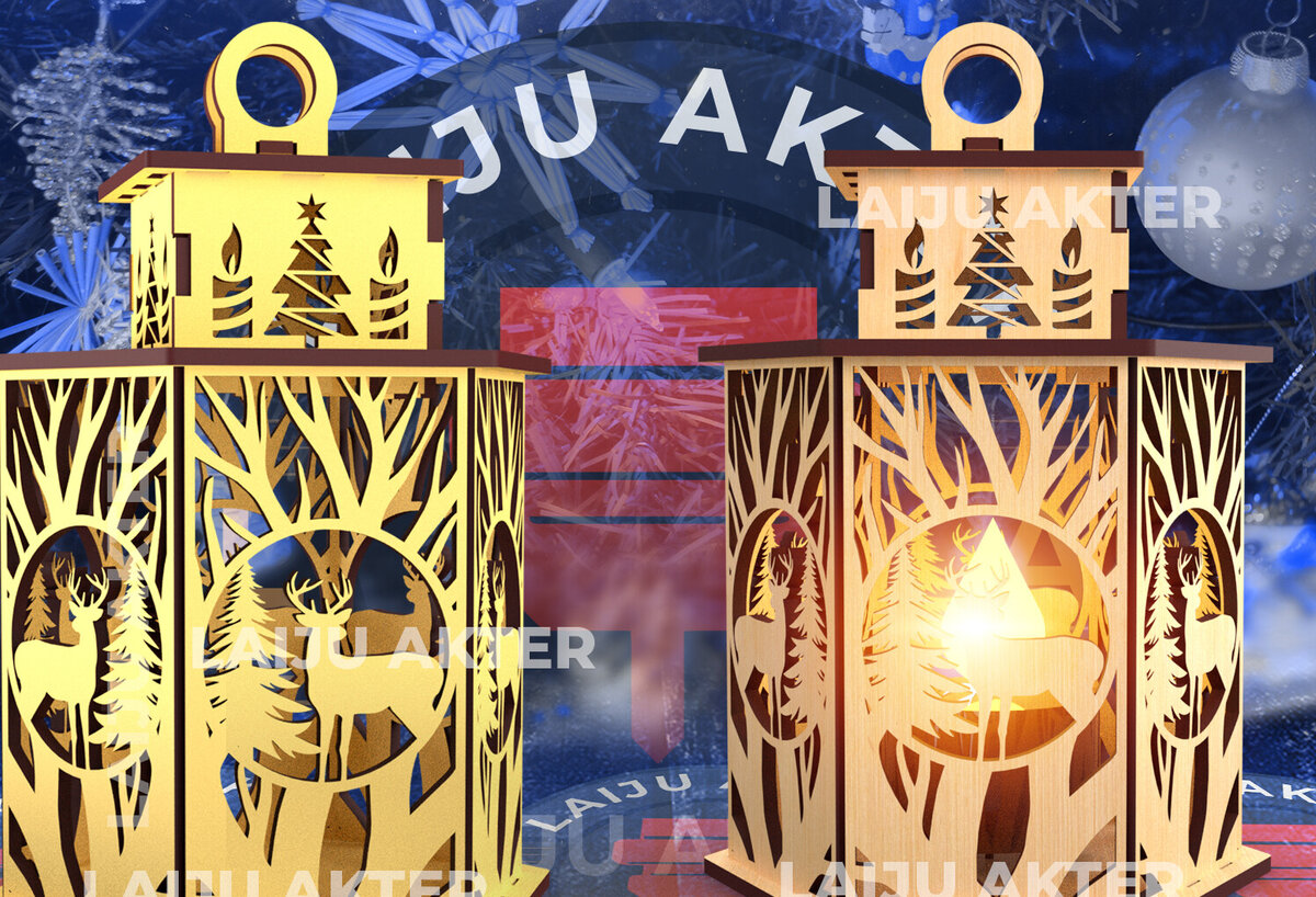 Σετ των 2 Intra απο ξύλο plywood 3mm-4mm πάχος Τρισδιάστατο Χριστουγεννιάτικο Φανάρι με λέιζερ 04 Δίασταση 15x15 cm INTRAFABR-84703167